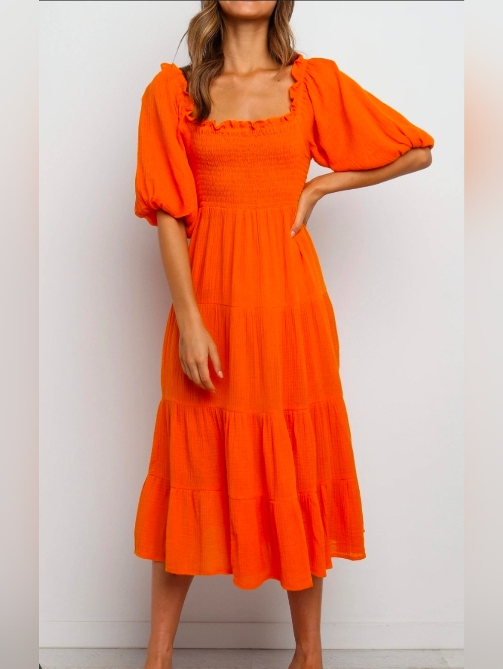 NWT - R. Vivimos off-shoulder boho midi dress smocked bodice and puff sleeves S